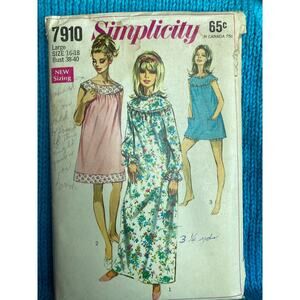 Simplicity 7910 Sewing pattern nightgown nighty long short 1960s size 16 bust 38